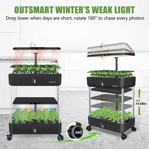 44 Pod Indoor Hydroponic Grow System With Dual 53W Full Spectrum LEDs showing adjustable height and rotating feature
