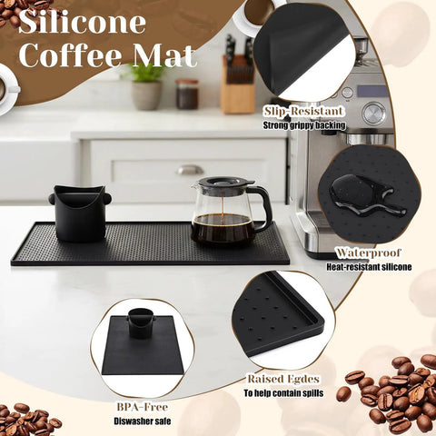 9 Piece Espresso Knock Box Kit With Oversized Silicone Coffee Mat And Tamping Mat placed on kitchen counter