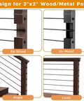 Black Sleek Hidden Cable Railing Hardware Kit For 2x2 Posts, 20 Pack, shown on wood and metal posts at angles and levels.
