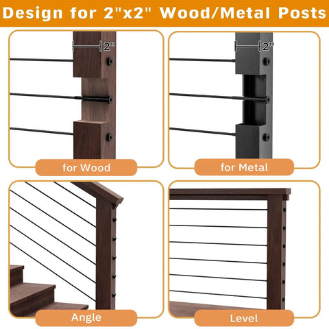 Black Sleek Hidden Cable Railing Hardware Kit For 2x2 Posts, 20 Pack, shown on wood and metal posts at angles and levels.