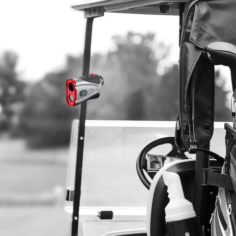 Golf cart with 300 Pro Slope Laser Rangefinder for golf, 6x magnification mounted on magnetic holder