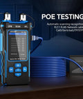 One-Stop Network Cable Tester Kit With RJ45 Crimp Tool And Optical Power Meter For Cat5 Cat6 Cat7 8P8C in use next to POE switch