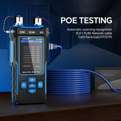 One-Stop Network Cable Tester Kit With RJ45 Crimp Tool And Optical Power Meter For Cat5 Cat6 Cat7 8P8C in use next to POE switch