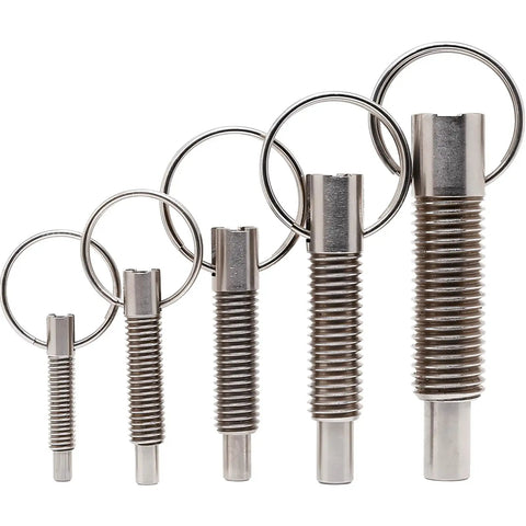 Heavy Duty M8 Spring Plunger With Smooth Pull Ring Self Locking Retractable Bolt Threaded Pin Stainless Steel in various sizes.