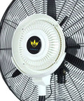 Close-up of Heavy Duty Oscillating Stand Fan Super Quiet High Velocity Air Circulator with fine mist spray for summer relief.