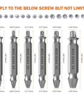 Six Piece HSS Screw Extractor Set for Drills showing five sizes for removing damaged screws and bolts with drill bit tools