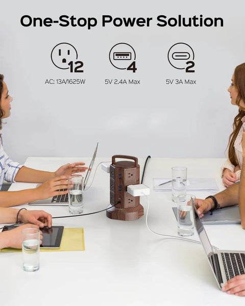 Power Strip Tower With 12 AC Outlets And 6 USB Ports, 6.5ft Extension Cord in office meeting room on white desk