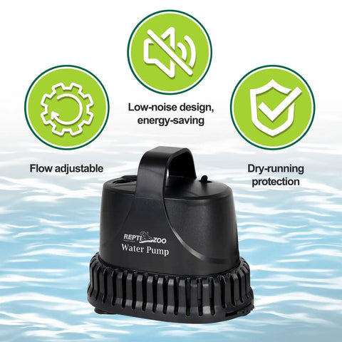 Low Water Level Drain Pump 243 GPH 26W Submersible with features shown on water background
