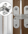 4 Pack Hidden Hinges, 1.77 Inch Stainless Steel Cross Invisible Swing Hinges installed on a wooden kitchen cabinet door