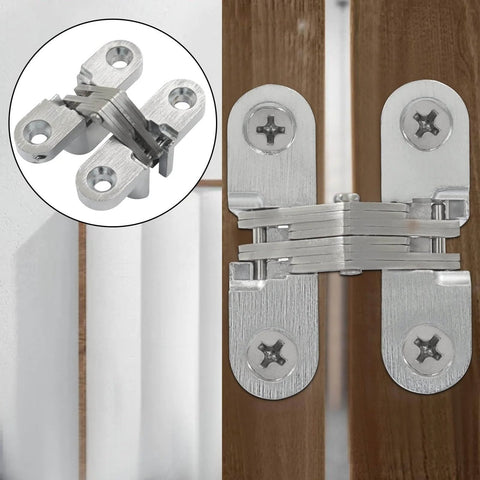 4 Pack Hidden Hinges, 1.77 Inch Stainless Steel Cross Invisible Swing Hinges installed on a wooden kitchen cabinet door
