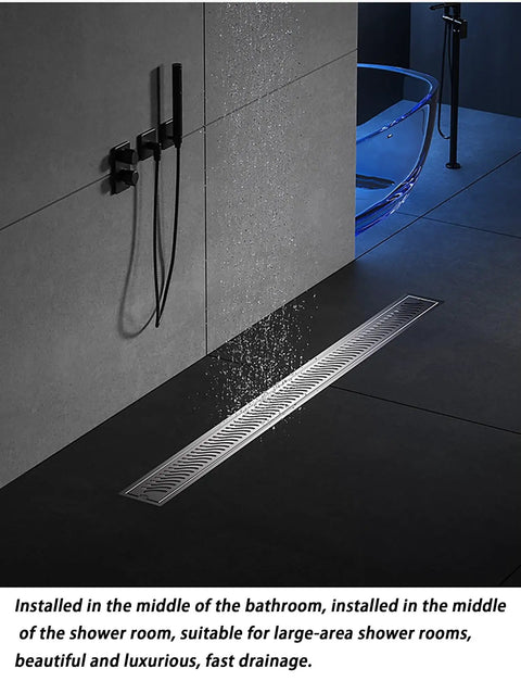 Top Shelf Black Linear Shower Drain Built Tough With 304 Stainless Steel And Slick Hair Catcher Plus No Sweat Tile Installation For Modern Bathroom Remodels, installed in modern shower.