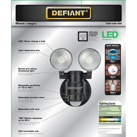 Two Head LED Outdoor Motion Activated Flood Light In Black, 180 Degree Coverage, 1100 Lumens, Easy Wall Mount Install box
