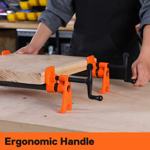 Two Pack Heavy Duty Wood Gluing Pipe Clamp Fixtures For Three Quarter Inch Black Pipe Quick Adjust Pipe Clamps in use