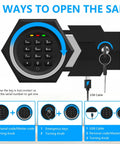 Three ways to open the Beefy Steel 1.2 Cub Compact Home Safe: digital combination lock, emergency key, USB cable