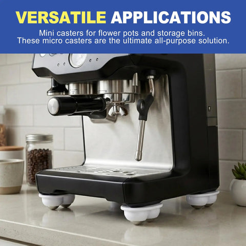 Eight Piece Self Adhesive Caster Wheels 360 Degree Swivel Mini Rollers For Kitchen Countertops Small Appliances White Peel And Stick Zero Sweat Install Superior Glide Performance under an espresso machine.