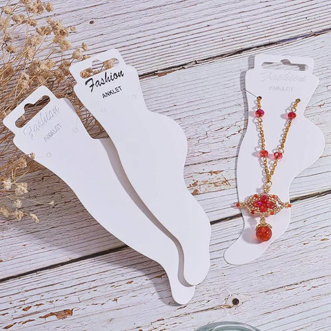 Anklet Display Card Kit with anklet on white cards, 120 White Blank Jewelry Cards and 120 Clear Self Sealing OPP Bags