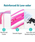 TSA Approved Clear Toiletry Bags Set, 5 Pack In 5 Colors, showing reinforced frame, smooth zipper, and deodorizing sachet.
