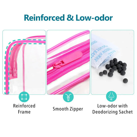 TSA Approved Clear Toiletry Bags Set, 5 Pack In 5 Colors, showing reinforced frame, smooth zipper, and deodorizing sachet.