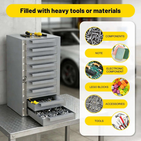 Gray Metal Tool Storage Cabinet With 9 Drawers With Dividers, All Welded Steel Construction For Rugged Durability, filled with tools