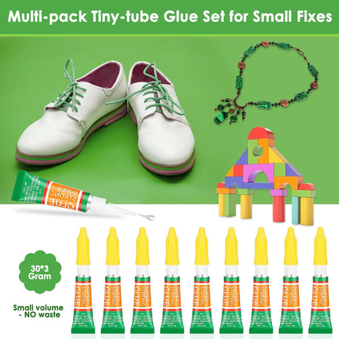 30 Pack Of 3G Mini Cyanoacrylate Glue Tubes For Plastic Wood Metal Instant Bonding DIY Friendly For School Projects Crafts Rhinestone Jewelry And Permanent Repairs with shoe and craft examples.