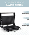 Alpha Living Electric Griddle Panini Press With Non Stick Coating, Stainless Steel 3 In 1 Sandwich Maker And Grill For Burgers And Veggies side view showing compact design, nonstick surface, and dimensions.