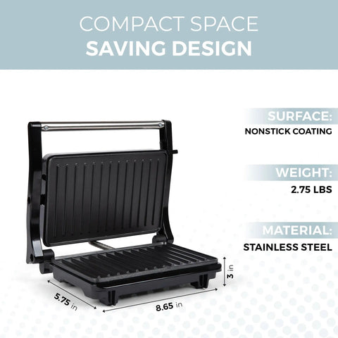 Alpha Living Electric Griddle Panini Press With Non Stick Coating, Stainless Steel 3 In 1 Sandwich Maker And Grill For Burgers And Veggies side view showing compact design, nonstick surface, and dimensions.