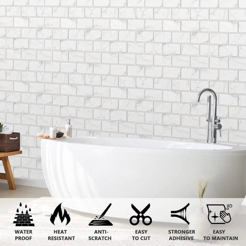 Peel And Stick Backsplash Tiles 12x12 White Marble Design For Kitchen And Bathroom installed in a modern bathroom.