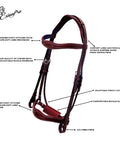 Dressage Bridle With Web Reins Broad Anatomical Crownpiece Crank Noseband And Designer Wave Browband shown with detail labels