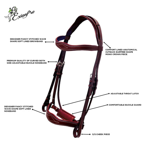 Dressage Bridle With Web Reins Broad Anatomical Crownpiece Crank Noseband And Designer Wave Browband shown with detail labels