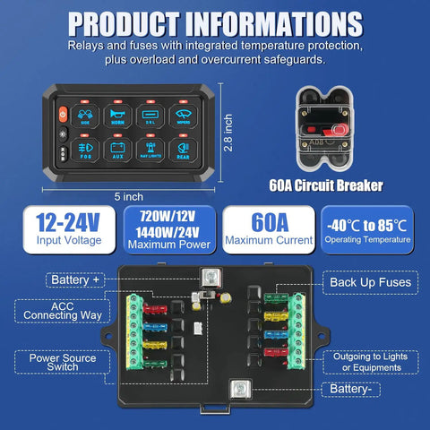 Diagram of 8 Gang RGB Switch Panel with 5 Level Brightness Button for Universal Automotive Circuit Control Relay Car Touch LED System Box