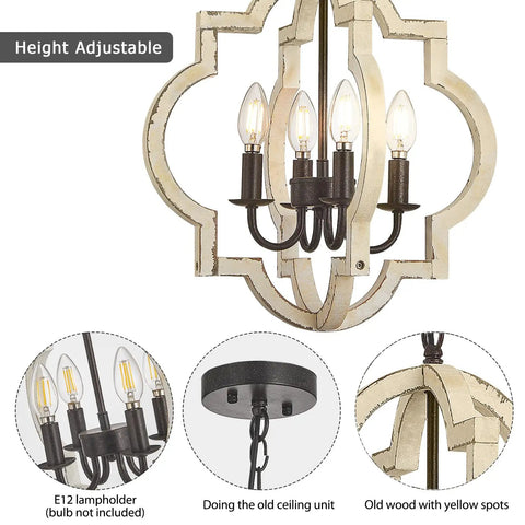 Rustic Wood Four Light Chandelier with adjustable chain, hand-painted finish, bronze candle sockets, E12 lamp holder, vintage design.