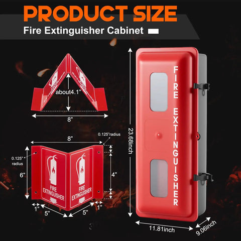 Outdoor Fire Extinguisher Cabinet Box With 3D Arrow Sign, Weatherproof And Vandal Resistant, shown with dimensions and latch
