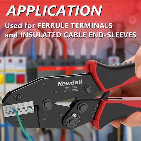 Ferrule Crimping Tool For 24-8 AWG Wire in use with ferrule terminals and insulated cable end-sleeves in background.