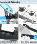Knockout 10 Ton Hydraulic Crimper Kit With Cable Cutter Plus Nine Chromed Hex Dies For Electrical Terminals Wire Rope Brings Dead Nuts Grip And No Sweat Operation, showing durable dies and easy operation features.
