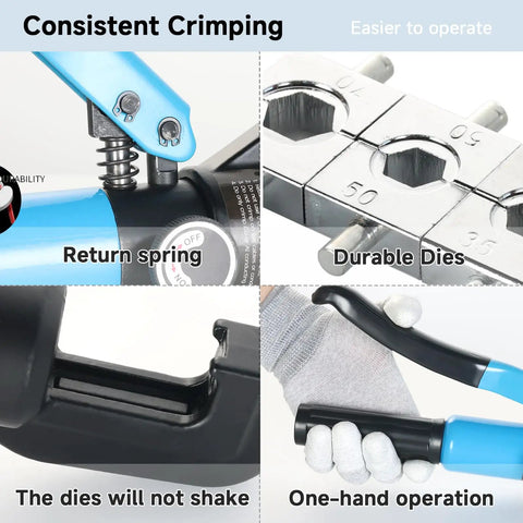 Knockout 10 Ton Hydraulic Crimper Kit With Cable Cutter Plus Nine Chromed Hex Dies For Electrical Terminals Wire Rope Brings Dead Nuts Grip And No Sweat Operation, showing durable dies and easy operation features.