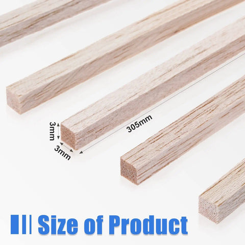 60 Pieces Unfinished Square Dowels One Eighth Inch Square Cross Section And Twelve Inches Long For DIY Molding Craft Projects Woodworking Perfect For DIYers And Makers showing close-up of dowels with dimensions