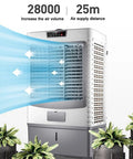 Beat The Home Heat Sweat Less Today With This Powerhouse Evaporative Air Cooler Pumping 4600 Cfm Of Chilly Air Using A 14.5 Gallon Dual Tank 120 Degree Swivel Airflow Honeycomb Filters Three Fan Speeds For Rooms Or Patios, showing air flow and design.