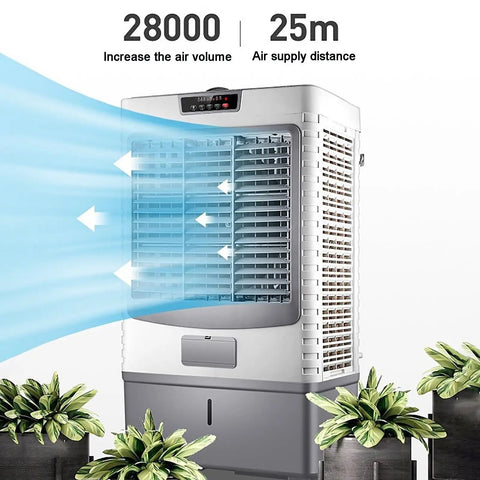 Beat The Home Heat Sweat Less Today With This Powerhouse Evaporative Air Cooler Pumping 4600 Cfm Of Chilly Air Using A 14.5 Gallon Dual Tank 120 Degree Swivel Airflow Honeycomb Filters Three Fan Speeds For Rooms Or Patios, showing air flow and design.