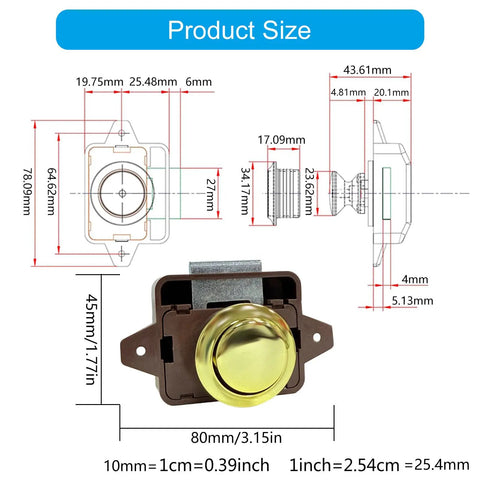 Keyless Button Latch For Campers And Furniture Push Cabinet Lock No Key Hassle 15 To 18mm Door Thickness dimensions diagram