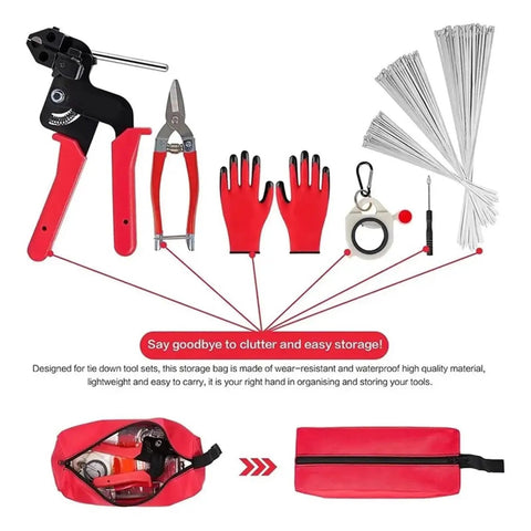 Heavy Duty Stainless Steel Cable Tie Tool Kit With 150 Pcs Metal Zip Ties including strapping gun, gloves, cutter, and storage bag.