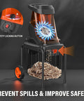 Powerful 15-Amp Wood Chipper Shredder With 50L Collection Bin showing safety locking button and mulching process.