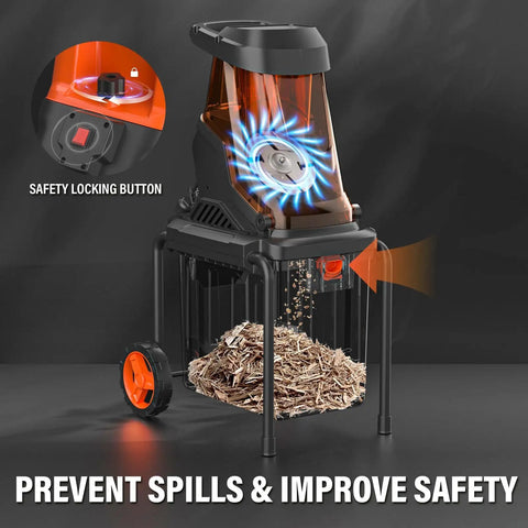 Powerful 15-Amp Wood Chipper Shredder With 50L Collection Bin showing safety locking button and mulching process.