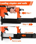 Step-by-step guide on loading staples and nails into the Totally Badass Pneumatic Brad Nailer And Furniture Staple Gun.
