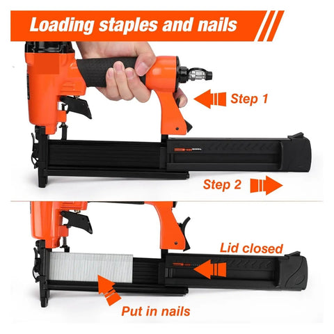 Step-by-step guide on loading staples and nails into the Totally Badass Pneumatic Brad Nailer And Furniture Staple Gun.
