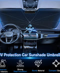 Interior view showing Windshield Sun Shade Umbrella For Cars With 360 Degree Rotating Bendable Handle, blocking UV heat ins