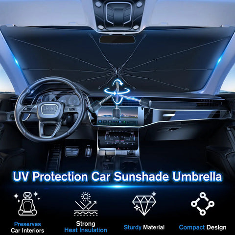 Interior view showing Windshield Sun Shade Umbrella For Cars With 360 Degree Rotating Bendable Handle, blocking UV heat ins