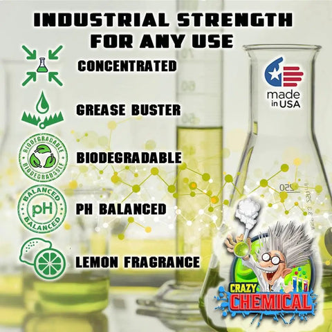 Industrial strength cleaner features concentration, grease buster, biodegradable, pH balanced lemon fragrance.