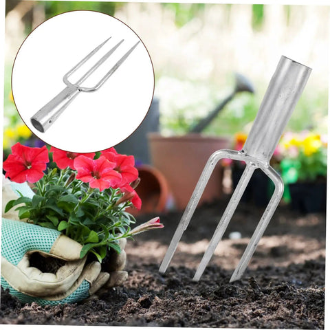 All In One Prong Head Fishing Fork And Garden Tool For Spearfishing Weeding And Digging with flowers and soil background