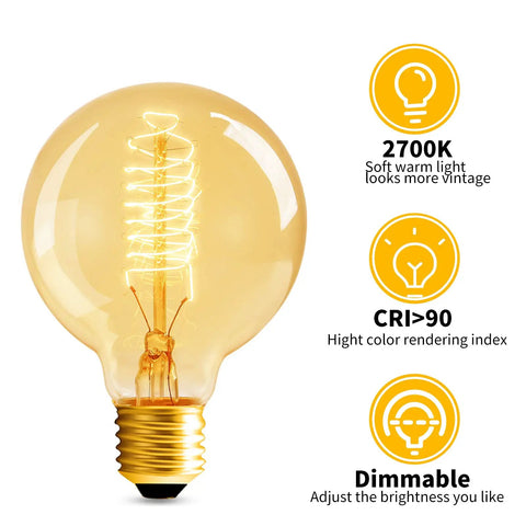 Close-up of 6 Pack 60W Globe Edison Bulbs G80 Vintage Spiral Filament With E26 Base Amber Glass Warm 2700K Dimmable Decorative Lighting