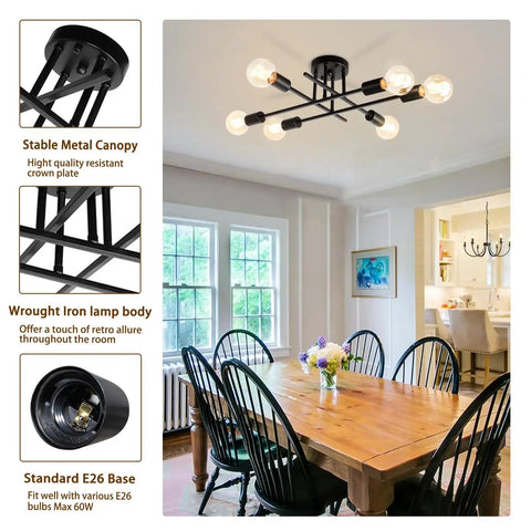 6 Lights Semi Flush Mount Modern Ceiling Light Fixture With Industrial Black Metal Sputnik Chandelier in dining room